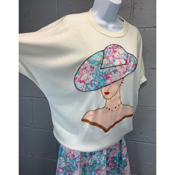 80s 2 piece Pastel Floral Skirt Statement Piece Appliqué New Wave Barbiecore B1 - Picture 2 of 10